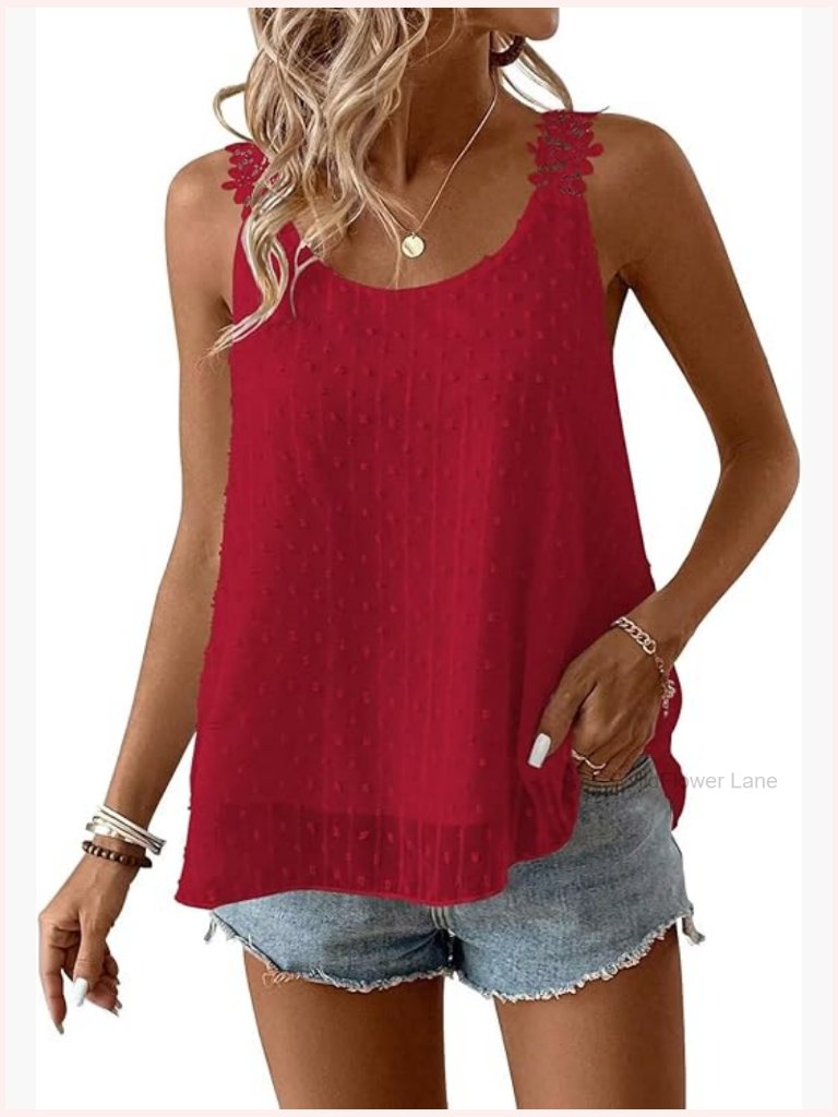 Flowy Sleeveless Boho Tank Top Women Casual Crewneck Lace Camisole